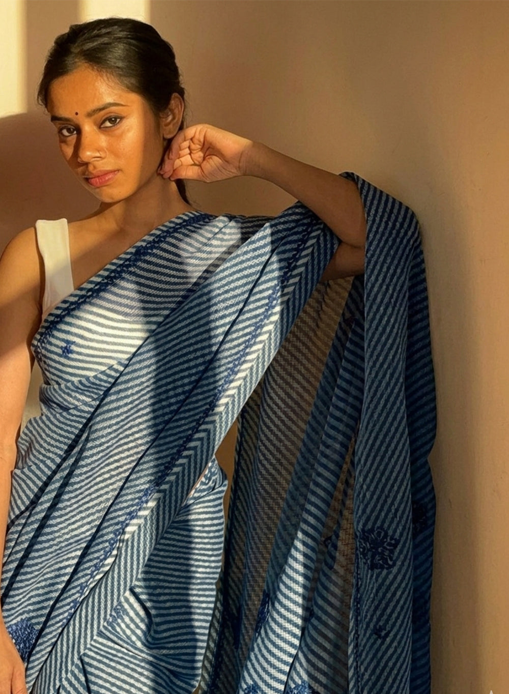 Ink Blue Lehariya - Kota Aks Cotton Chikankari Saree