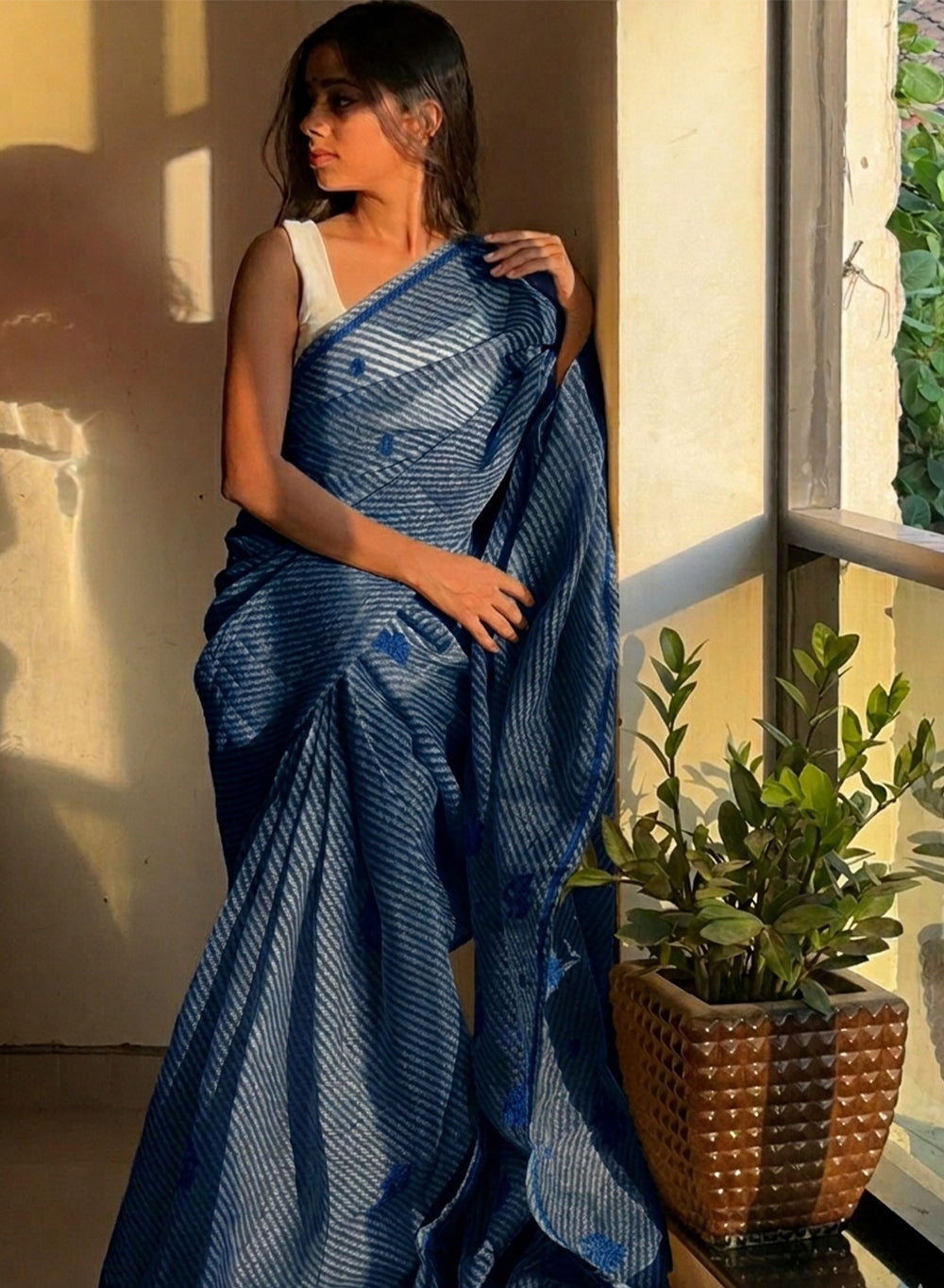 Ink Blue Lehariya - Kota Aks Cotton Chikankari Saree