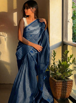 Ink Blue Lehariya - Kota Aks Cotton Chikankari Saree