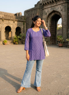 Ink Purple - Gulshan Muslin Shadow Work Chikankari Short Top