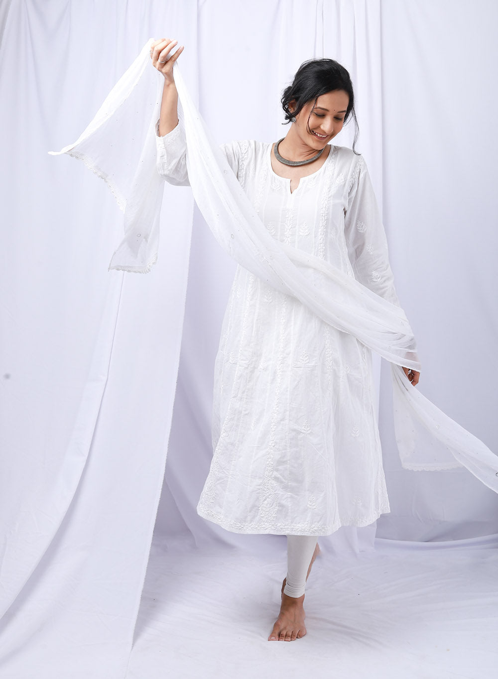 white anarkali cotton dress White Printed Mulmul Cotton Anarkali Set With Dupatta