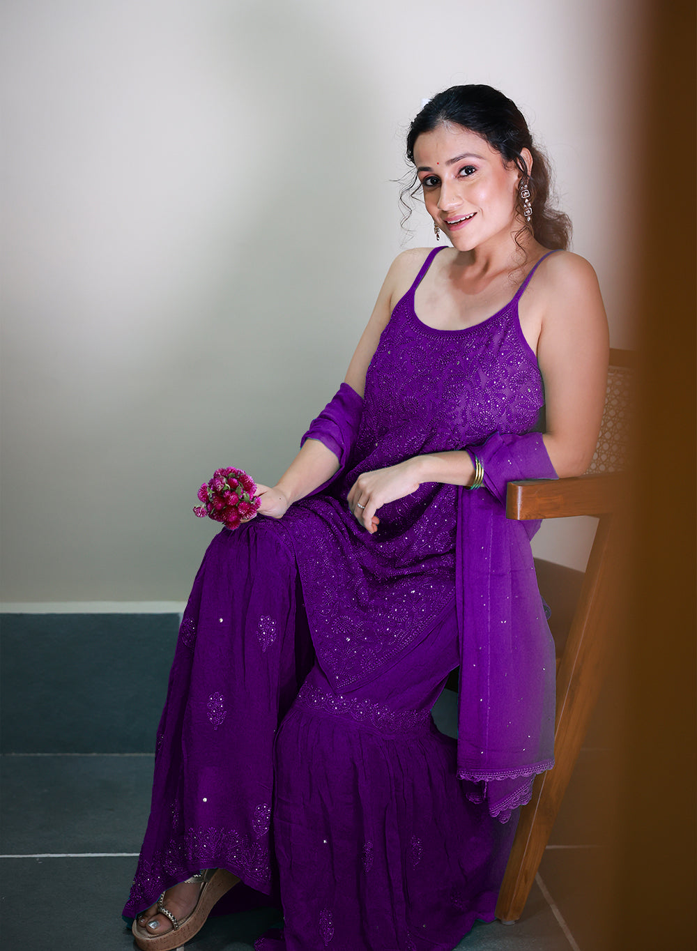 Kanak Purple - Nargis Viscose Noodle Strap Chikankari Kurta & Gharara Set