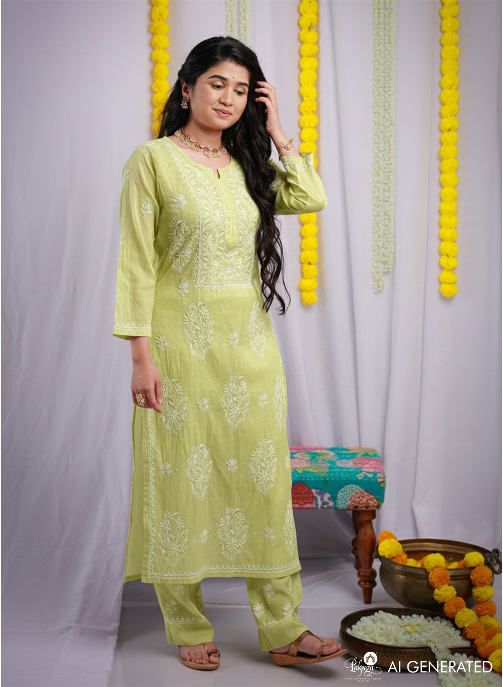 Eraya Lime Green - Mul Chanderi Nargis Chikankari Set