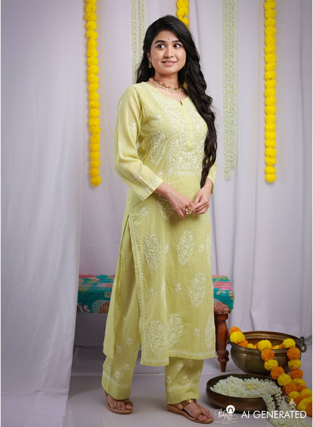 Eraya Lime Green - Mul Chanderi Nargis Chikankari Set