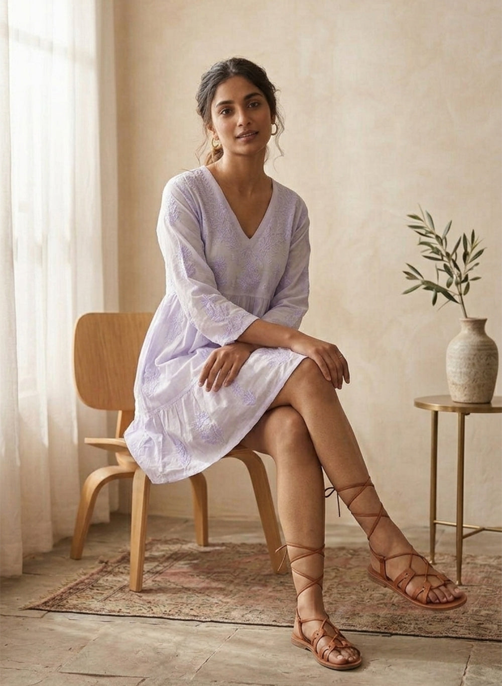 Diva Lilac A-Line Muslin Chikankari Dress