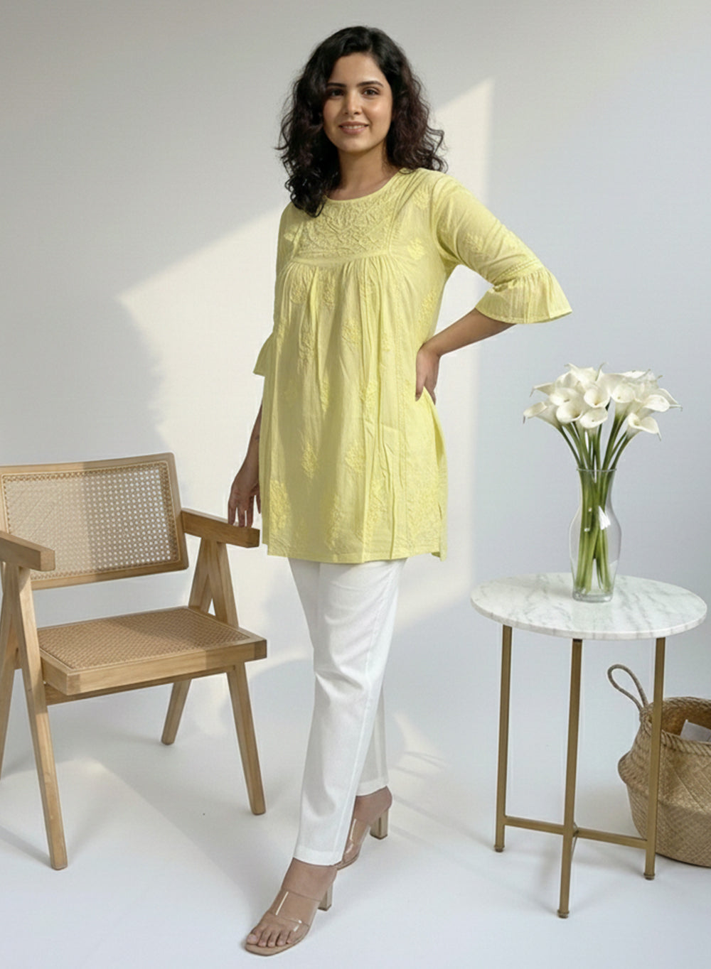 Light Yellow - Resham Thread Gulshan Chikankari Short Top