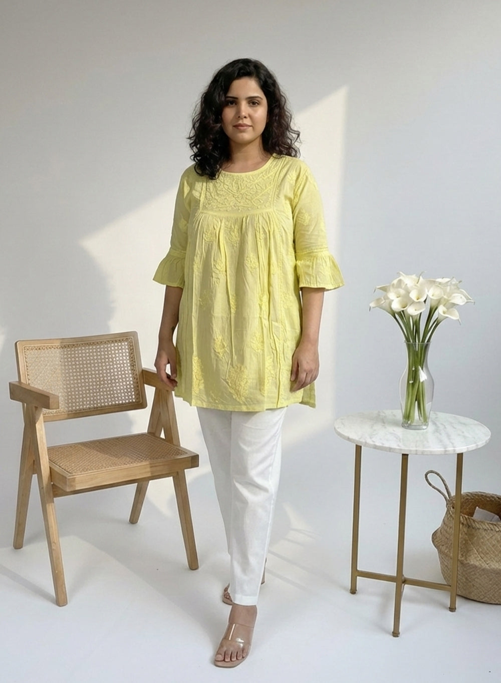 Light Yellow - Resham Thread Gulshan Chikankari Short Top