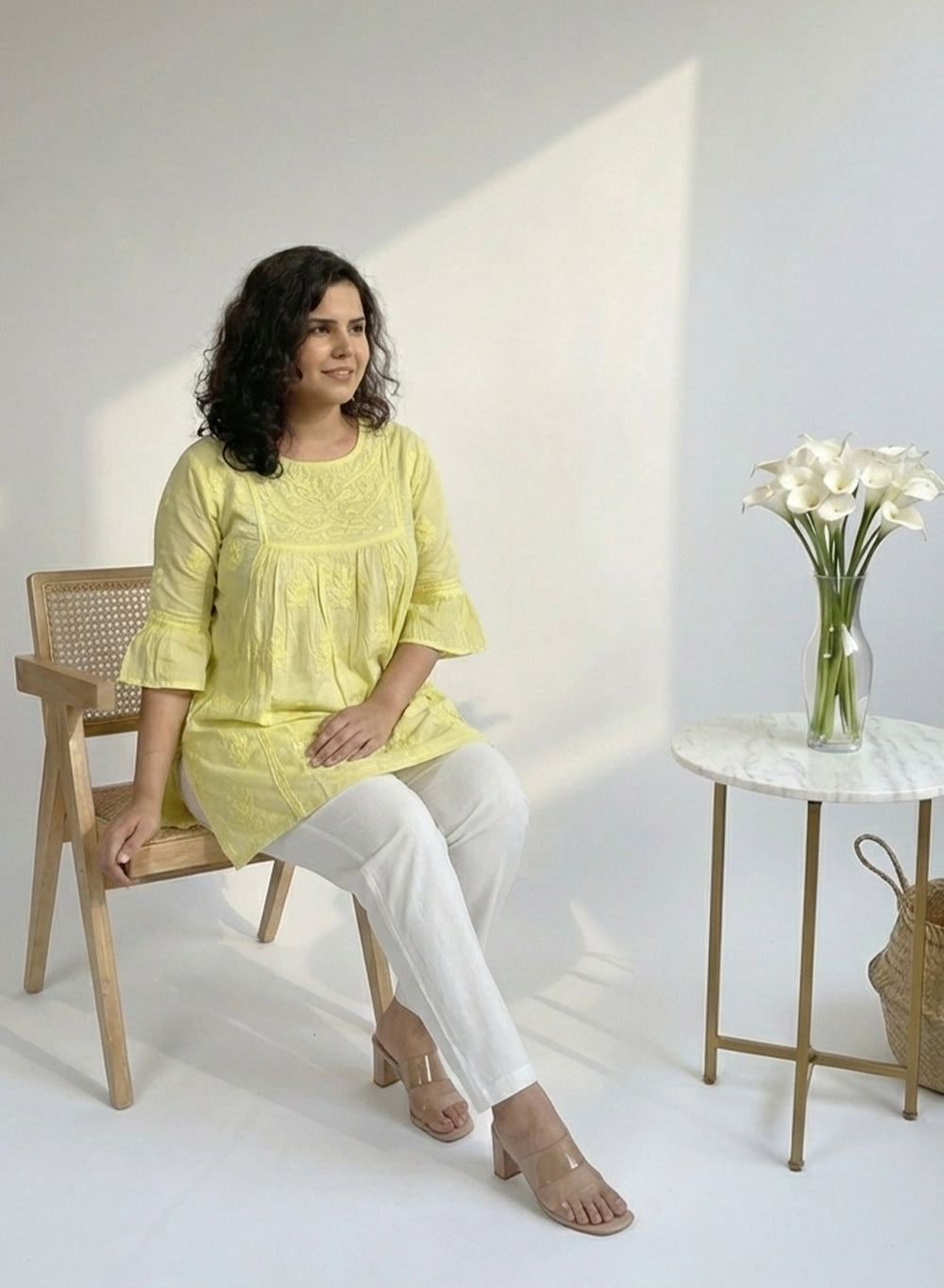 Yellow Bell Sleeves - Pure Cotton Gulshan Chikankari Short Top