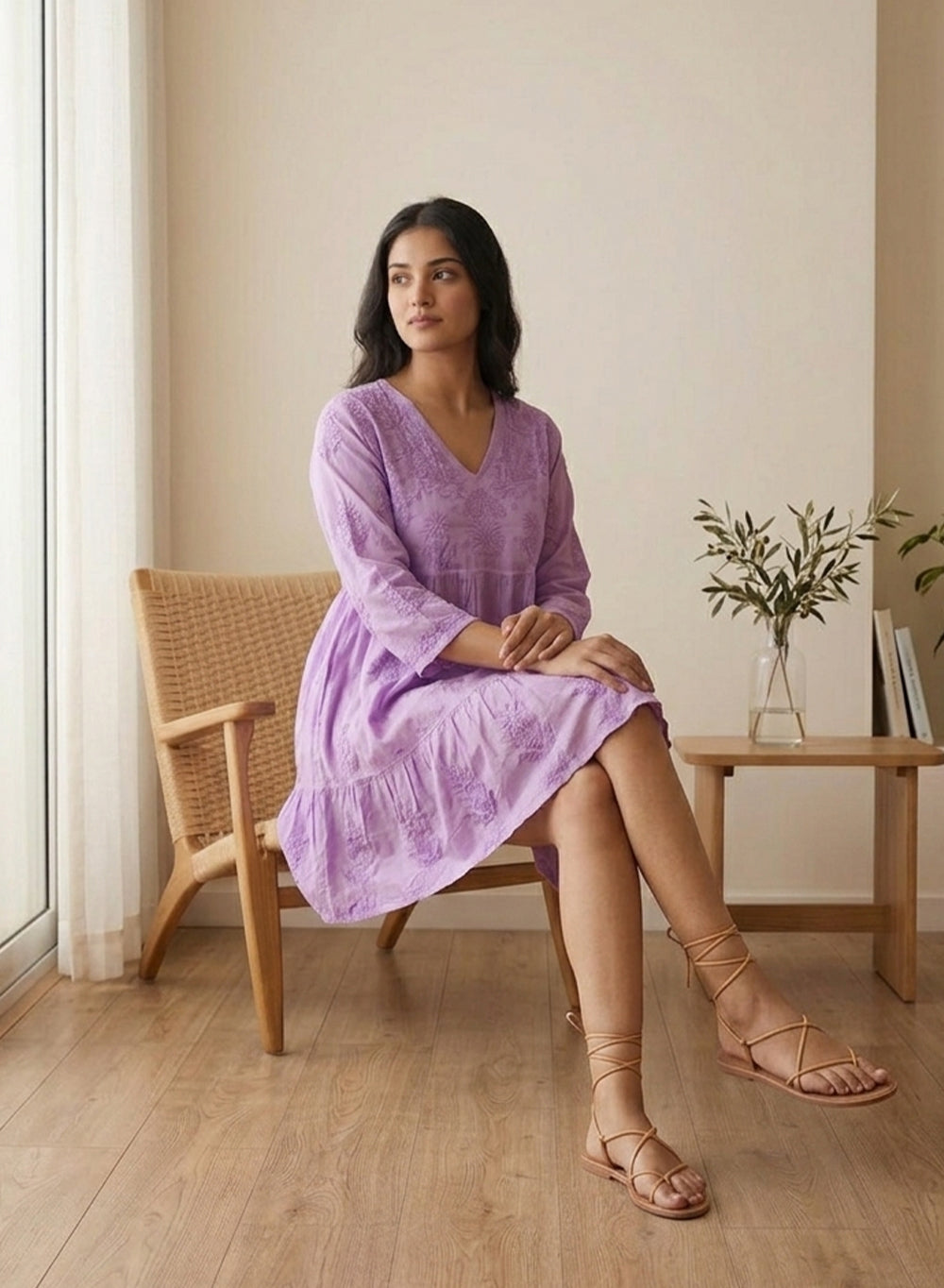 Diva Lavender A-Line Muslin Chikankari Dress