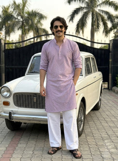 Lilac - Nawab Checkered Front Jaal Cotton Chikankari Kurta