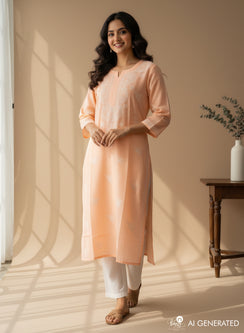 Light Orange - Bahaar Cotton Terry Voile Chikankari Kurta