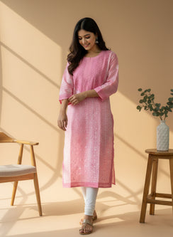 Light Pink - Bahaar Cotton Terry Voile Chikankari Kurta