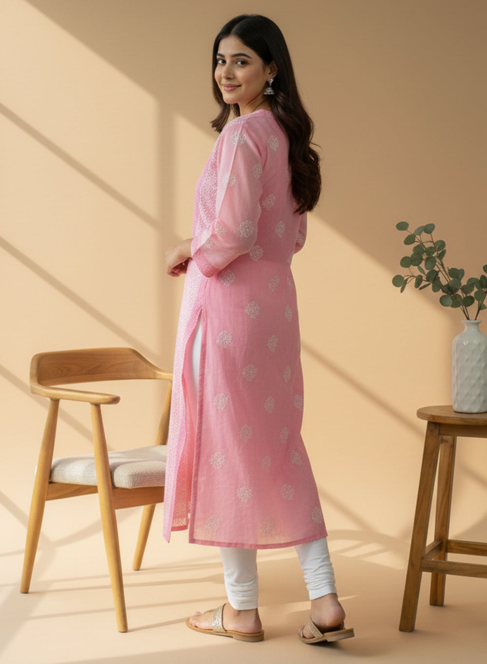 Light Pink - Bahaar Cotton Terry Voile Chikankari Kurta