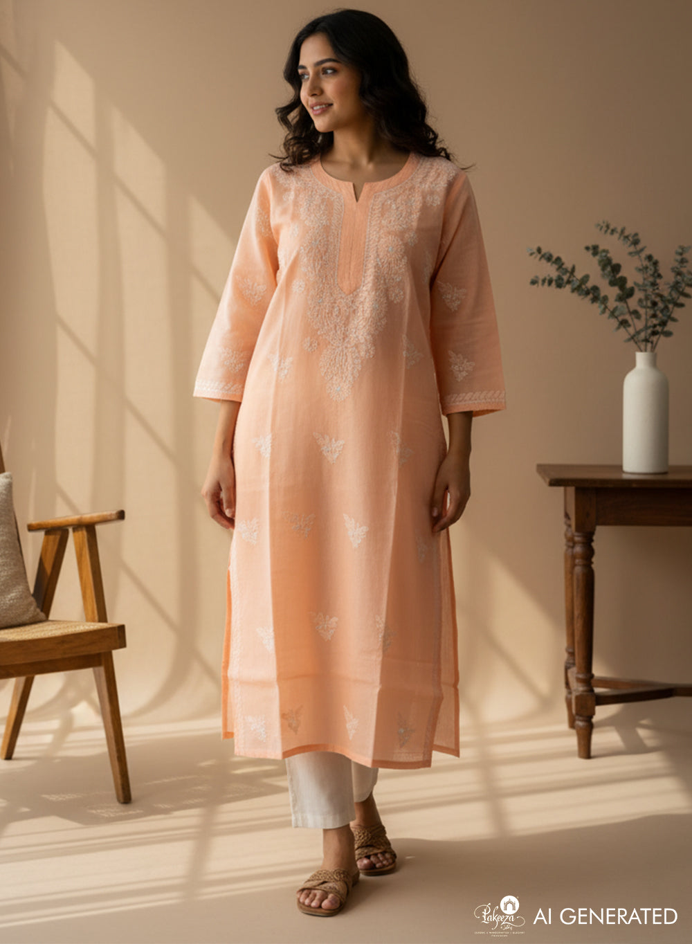Light Orange - Bahaar Cotton Terry Voile Chikankari Kurta