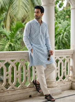Light Blue - Nawab Floral Front Jaal Cotton Chikankari Kurta