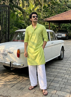 Light Green - Nawab Checkered Front Jaal Cotton Chikankari Kurta