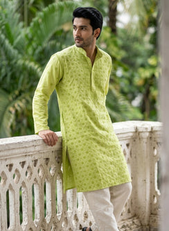 Light Green - Nawab Floral Front Jaal Cotton Chikankari Kurta