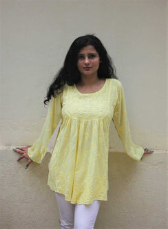 Light Yellow - Resham Thread Gulshan Chikankari Short Top
