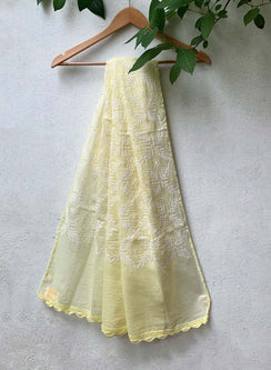 Light Yellow - Nazm Kota Cotton Chikankari Plain Border Dupatta