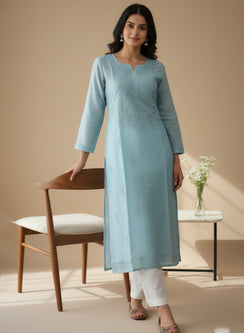 Swara Aqua Blue  - Anjuman Chanderi Cotton Chikankari Kurta