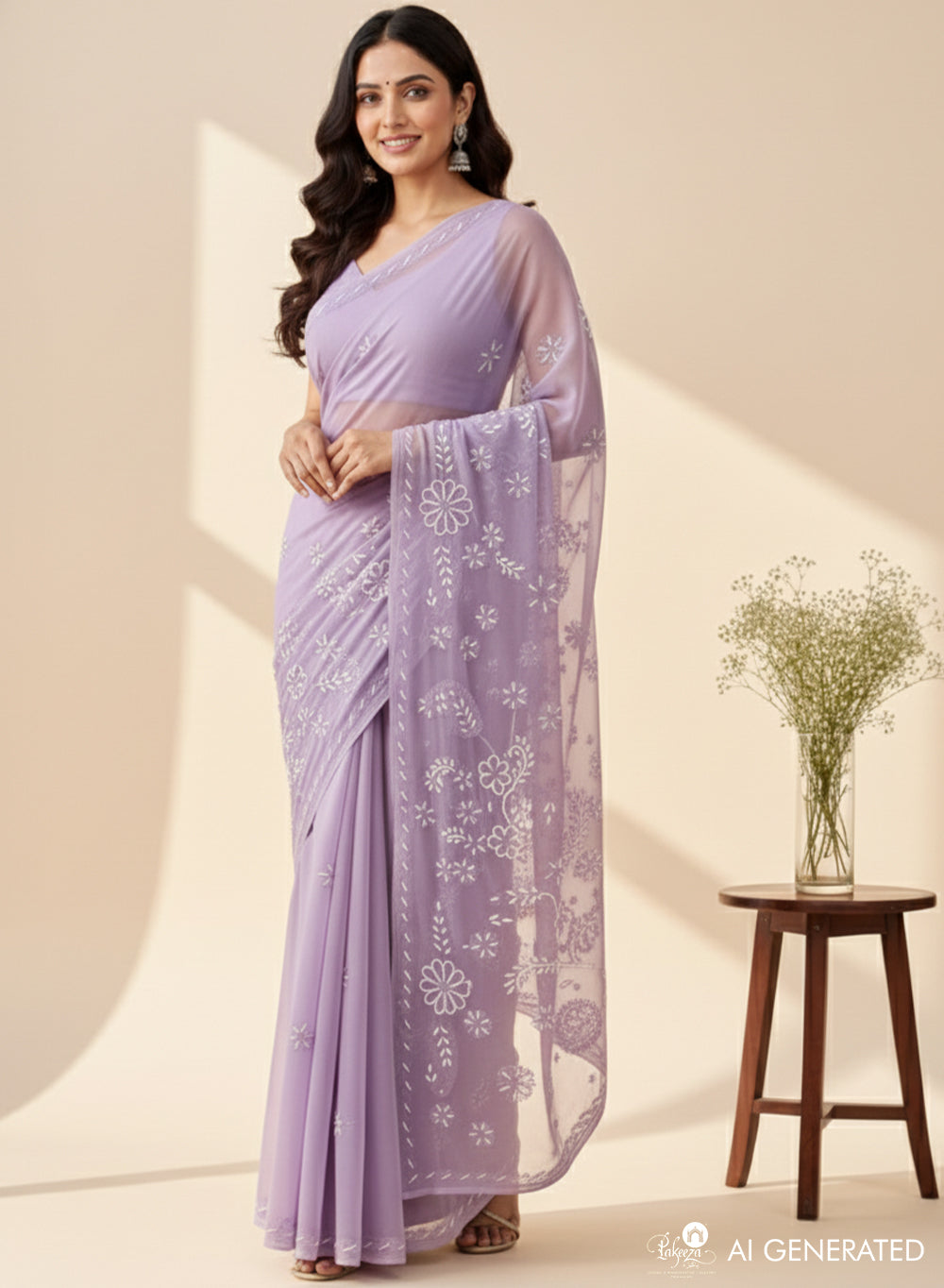 Lilac Katdana - Aks Georgette Chikankari Saree