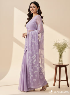 Lilac Katdana - Aks Georgette Chikankari Saree