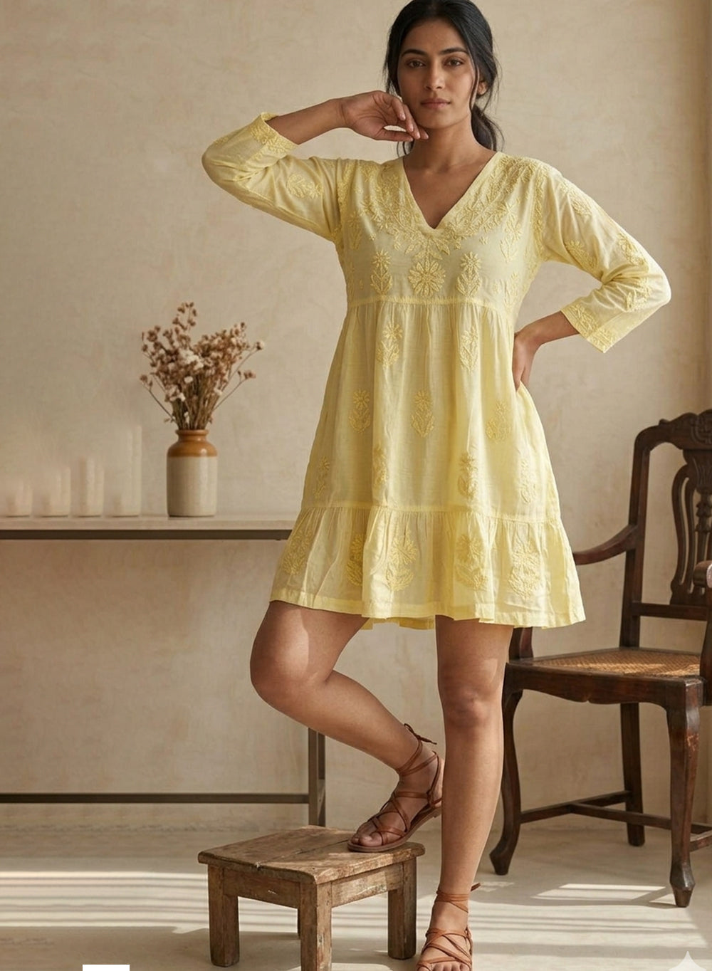 Diva Lime A-Line Muslin Chikankari Dress