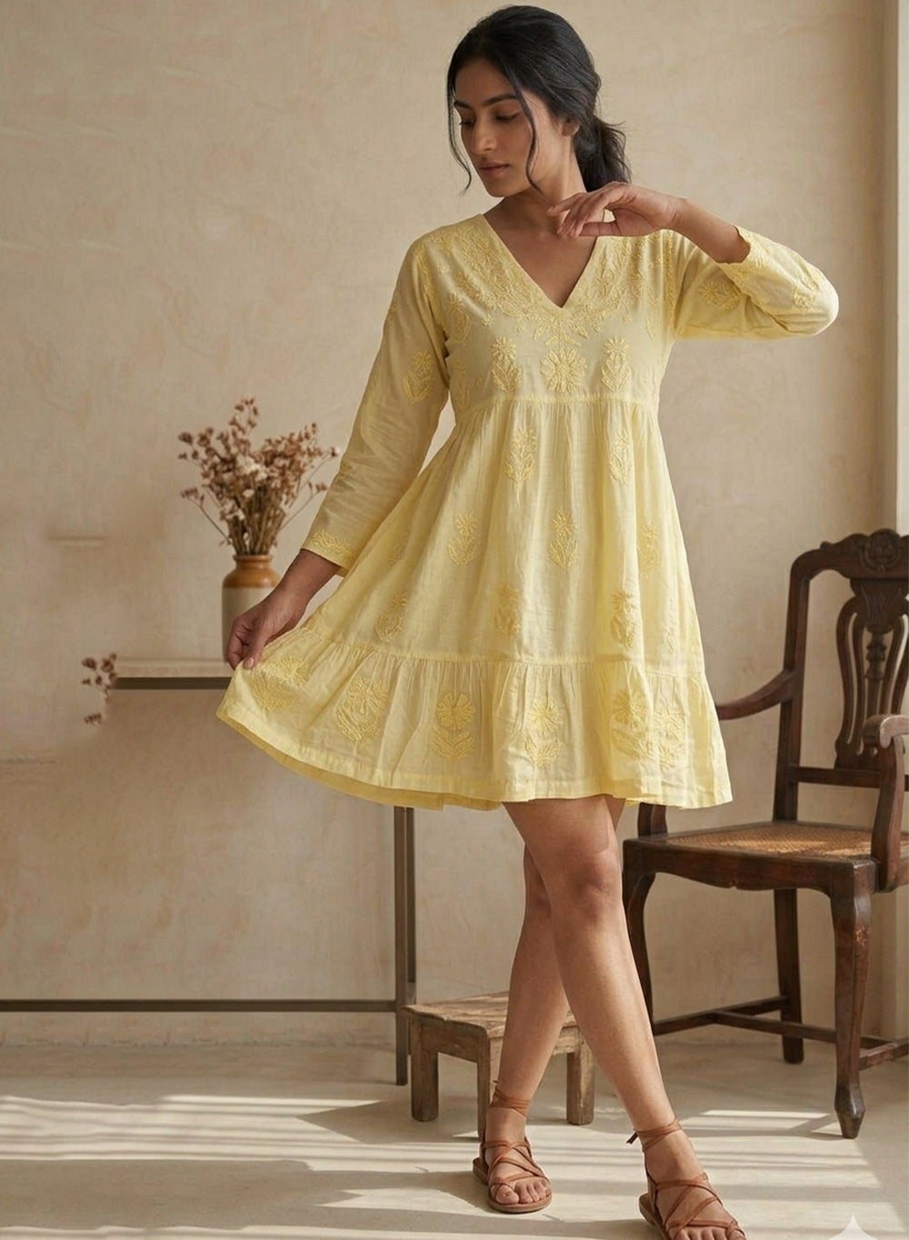 Diva Lime A-Line Muslin Chikankari Dress