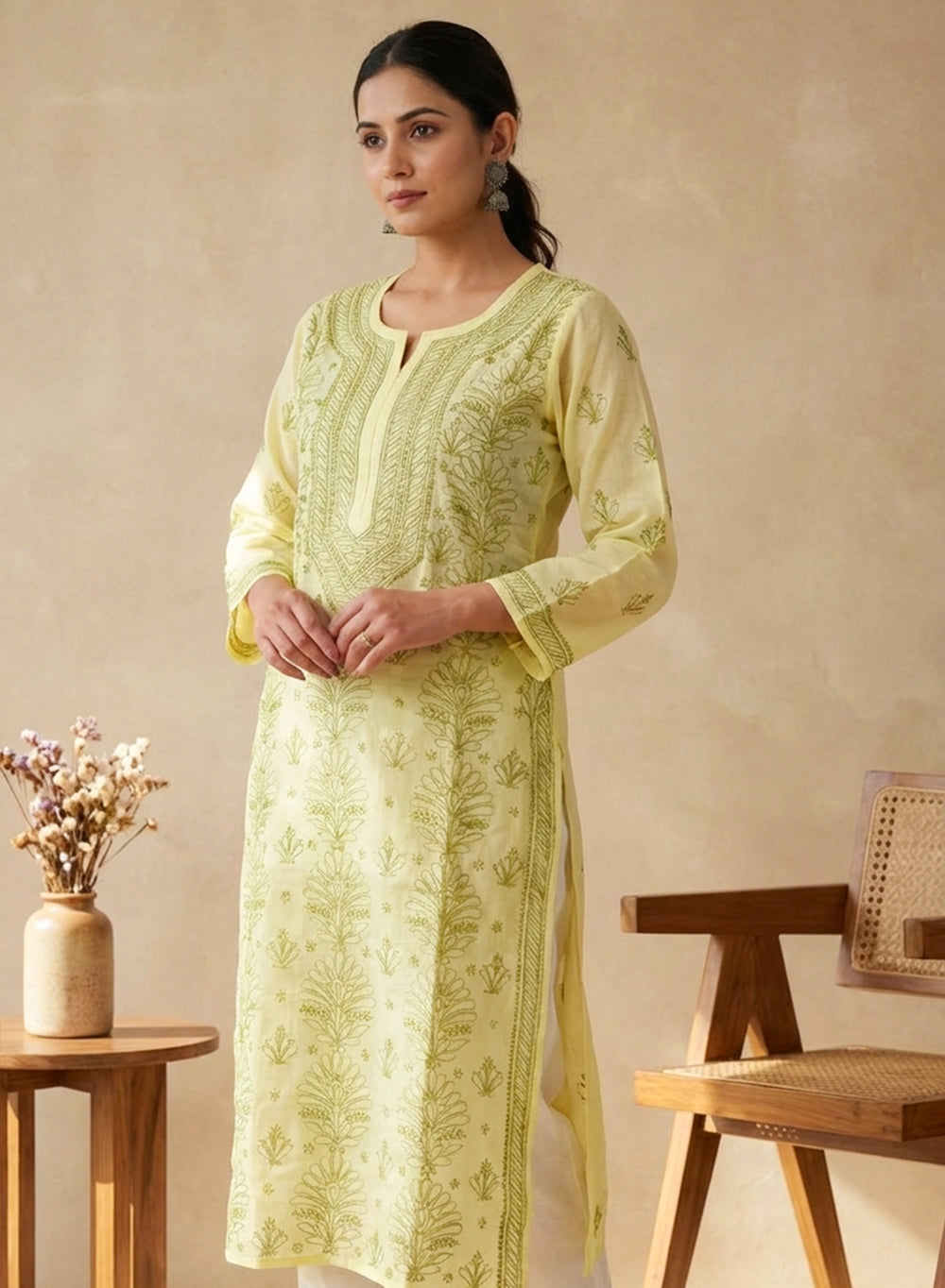 Lime Yellow With Green Thread - Cotton Terry Voile Bahaar Chikankari Kurta