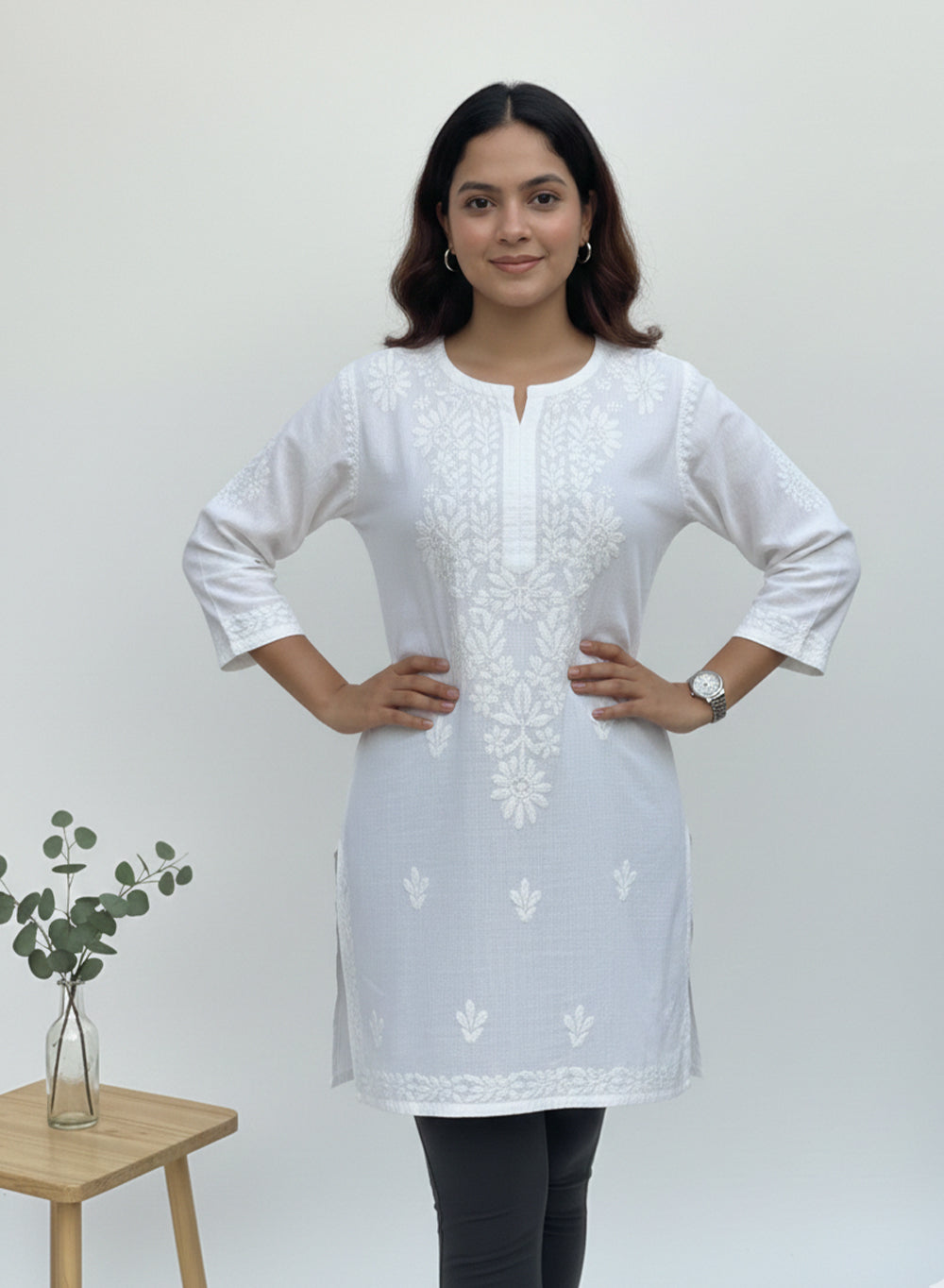 White - Gulshan Linen Cotton Double Layered Chikankari Short Top