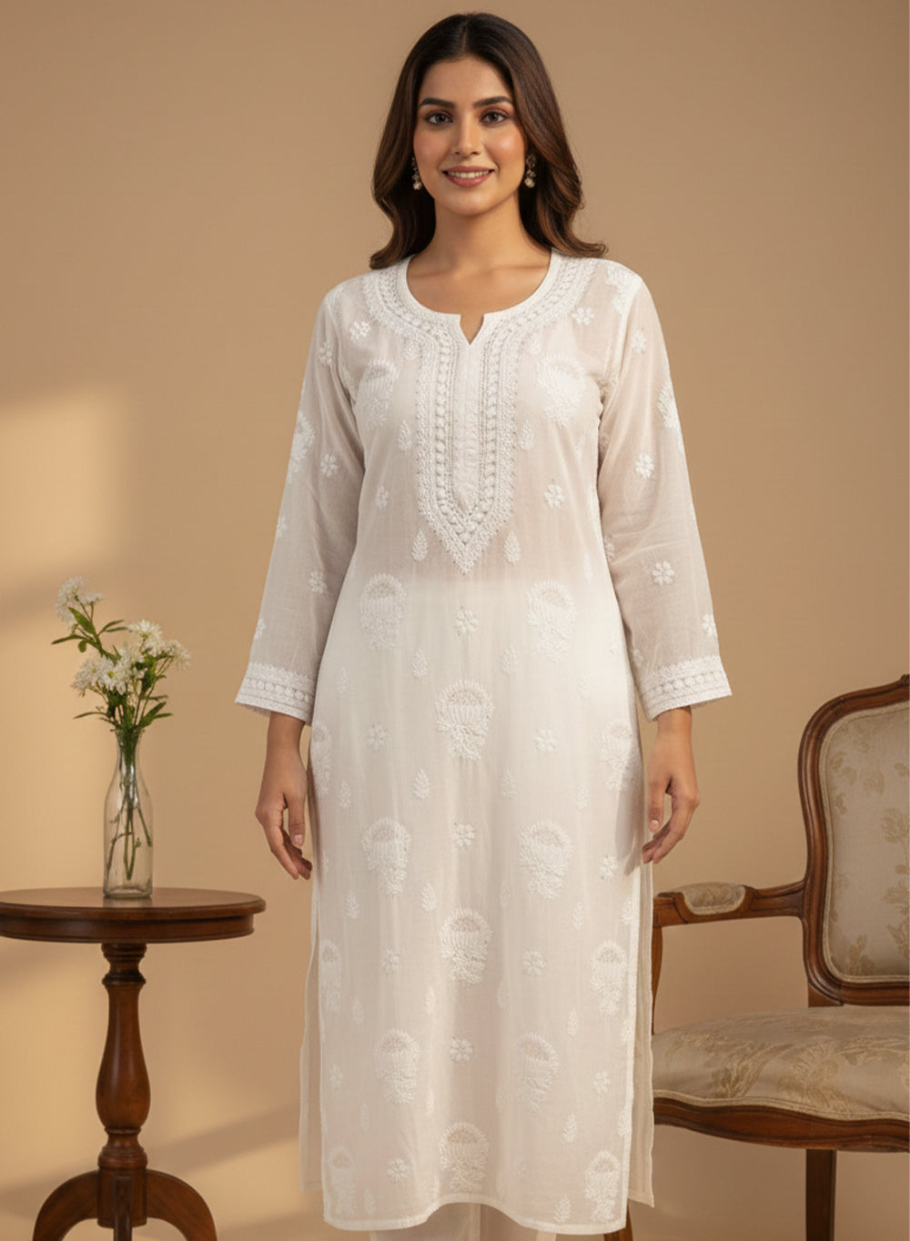 Neerja White - Anjuman Lotus Design Muslin Sequins Chikankari Kurta