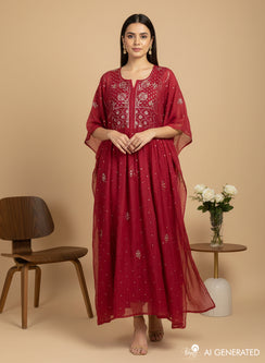 Maroon - Nayaab Chanderi Semi-Stitched Panel Design Chikankari Kurta & Dupatta Fabric With Soft Lining