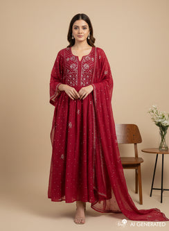 Maroon - Nayaab Chanderi Semi-Stitched Panel Design Chikankari Kurta & Dupatta Fabric With Soft Lining