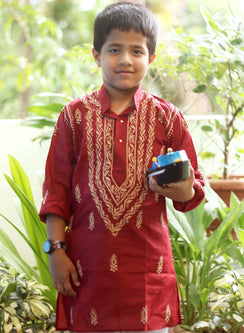 Maroon & Brown - Cotton Chikankari Kurta