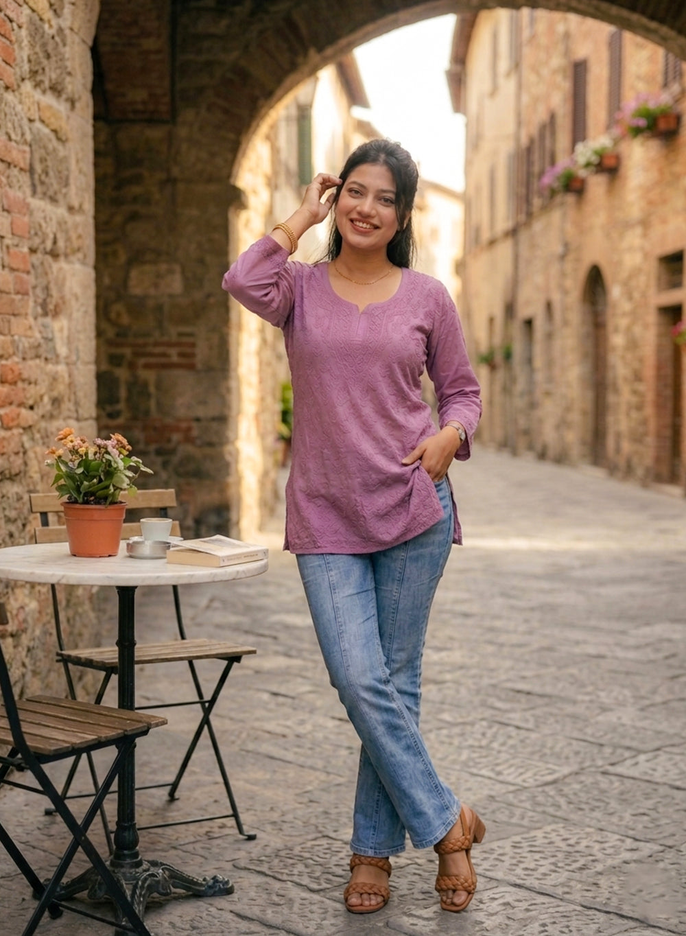 Lavender - Gulshan Muslin Shadow Work Chikankari Short Top