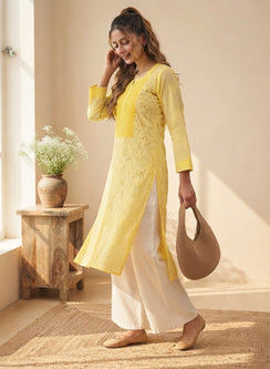 Mehak Yellow - Cotton Terry Voile Bahaar Chikankari Kurta