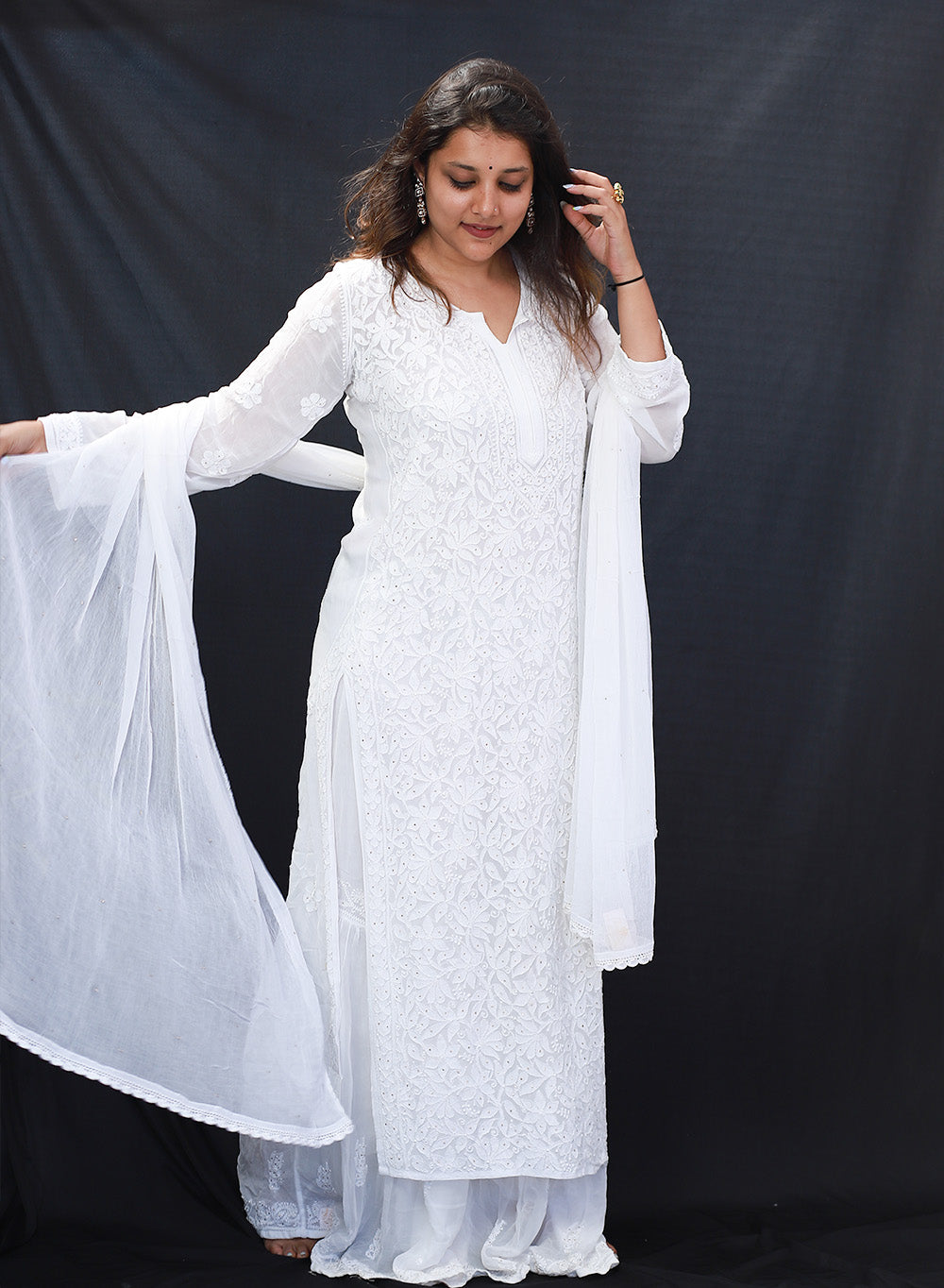 Nazakat White - Anjuman Viscose Ombre Front Jaal Chikankari Kurta