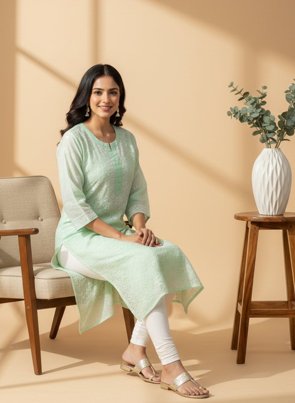 Mint Green - Bahaar Cotton Terry Voile Chikankari Kurta