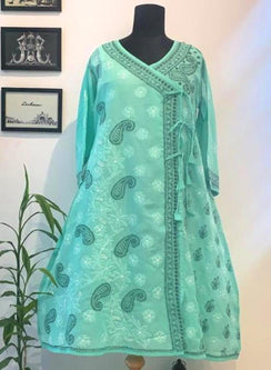 Mint Green - Bahaar Cotton Terry Voile Chikankari Angarakha