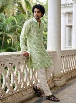 Mint Green - Nawab Floral Front Jaal Cotton Chikankari Kurta