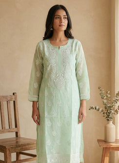Mint Green With Crochet Lace - Cotton Terry Voile Bahaar Chikankari Kurta With Slip