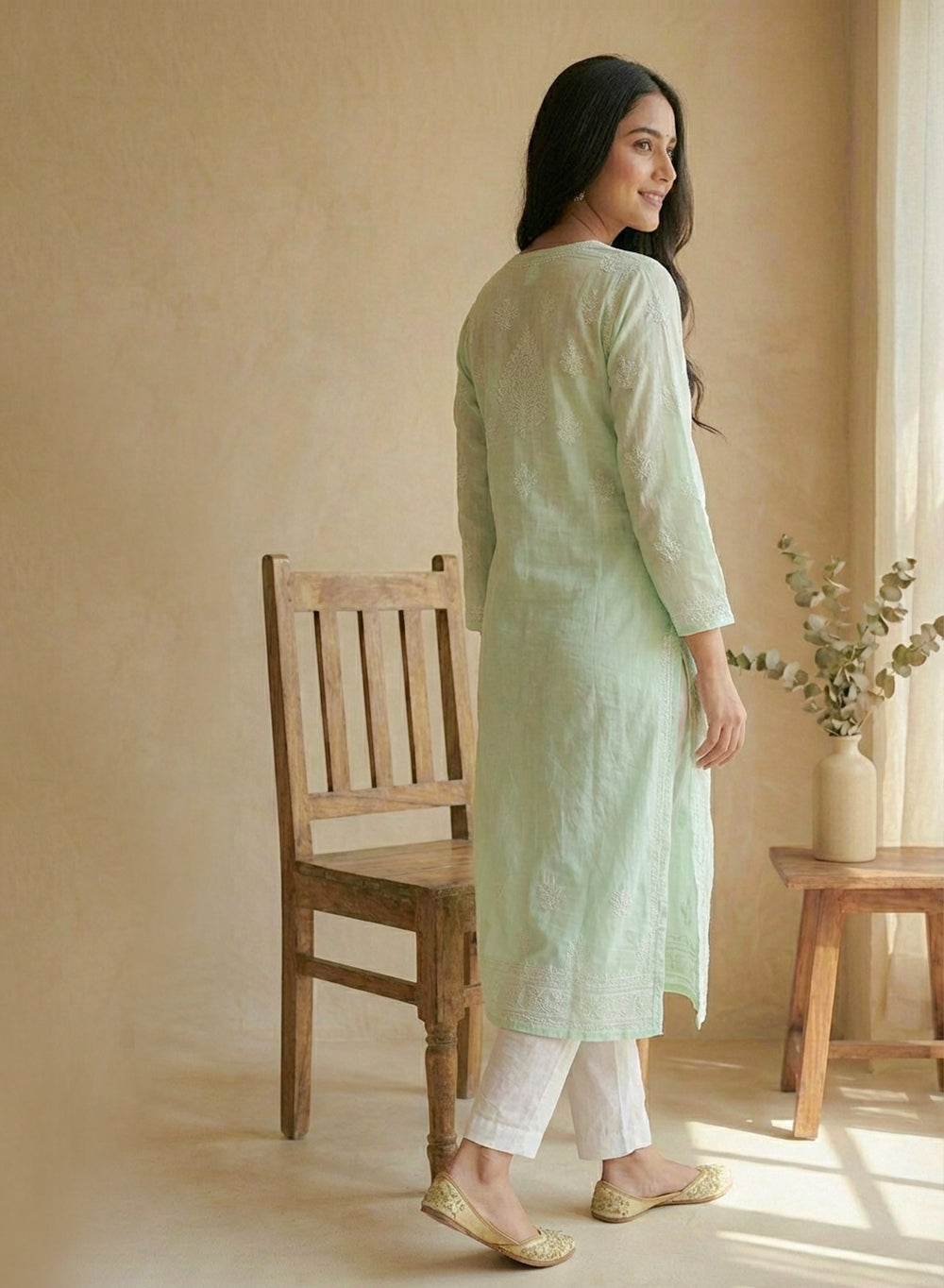 Mint Green With Crochet Lace - Cotton Terry Voile Bahaar Chikankari Kurta With Slip