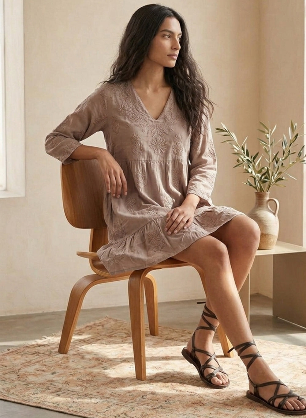 Diva Mocha A-Line Muslin Chikankari Dress