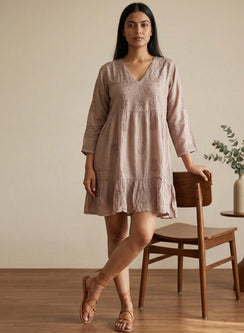 Diva Mocha A-Line Muslin Chikankari Dress