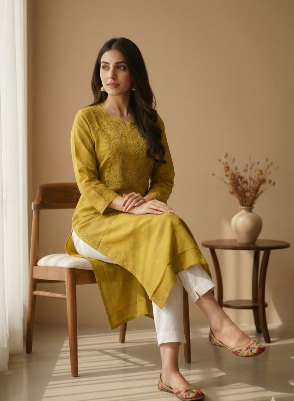 Swara Mustard - Anjuman Chanderi Cotton Chikankari Kurta
