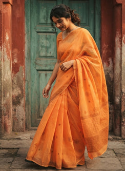 Orange - Cotton Terry Voile Daraz Work Aks Chikankari Saree