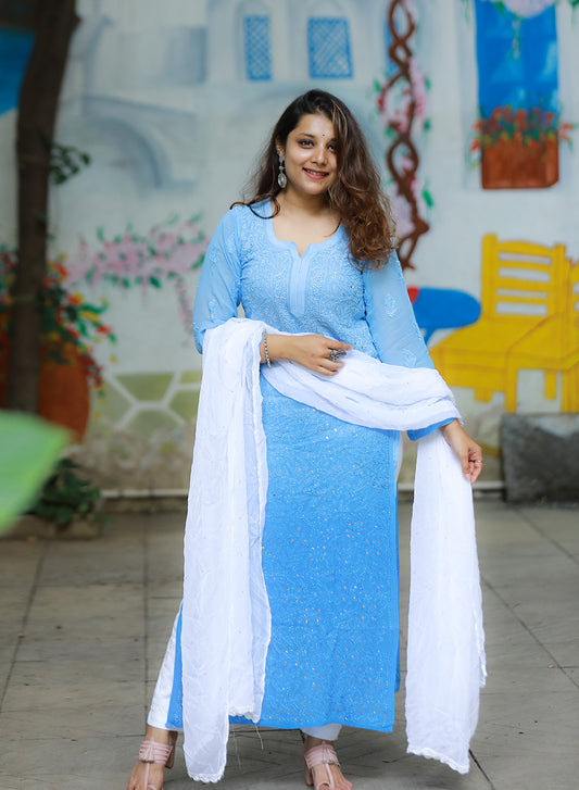 Nazakat Blue - Anjuman Viscose Ombre Full Jaal  Chikankari Kurta