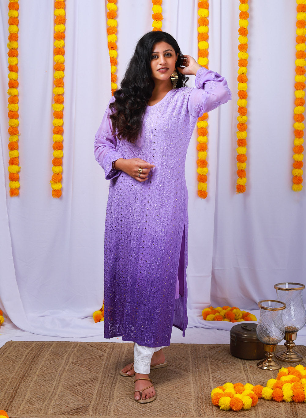 Nazakat Lavender - Anjuman Viscose Ombre Front Jaal Chikankari
