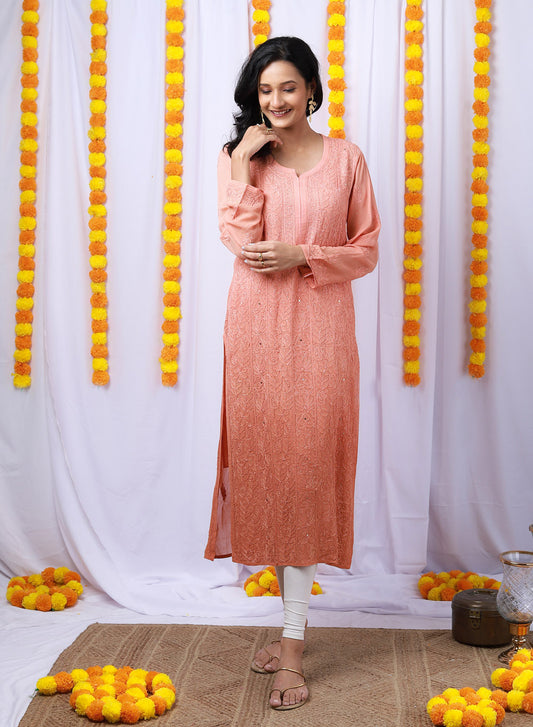 Nazakat Rust - Anjuman Viscose Ombre Full Jaal  Chikankari Kurta