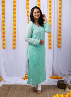 Nazakat Sea Green - Anjuman Viscose Ombre Front Jaal Chikankari Kurta